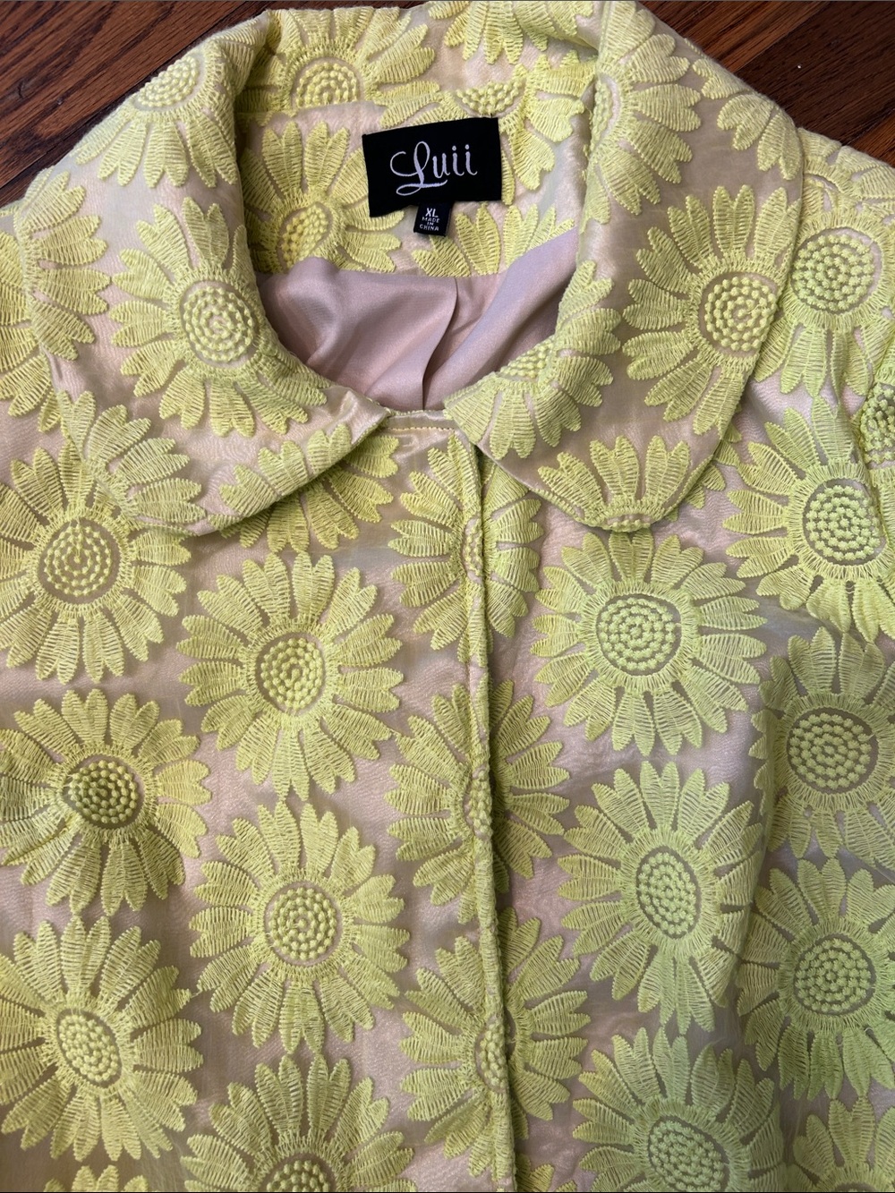 Luii Neon Yellow Floral Brocade Pea Coat - Picture 3 of 16
